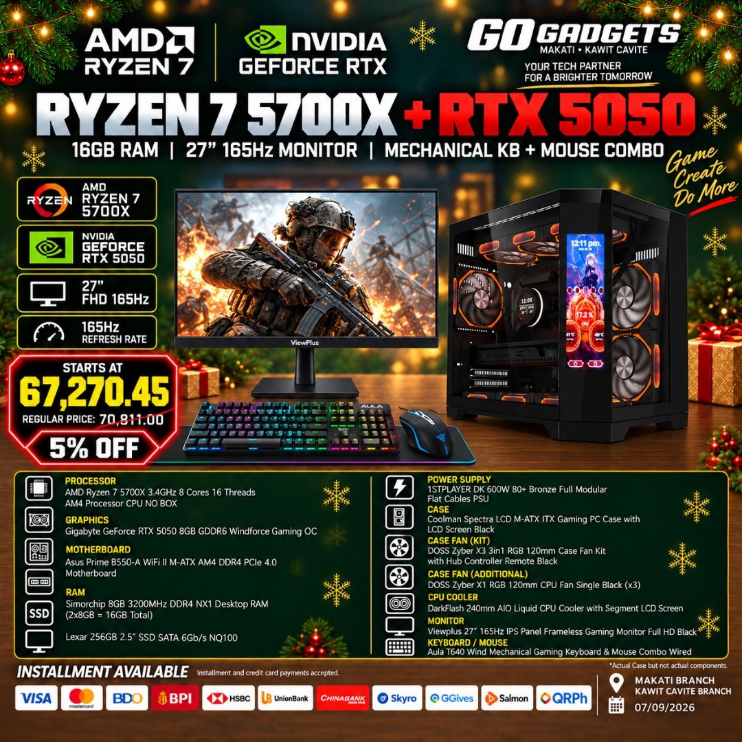 Ryzen 7 5700X + RTX 5050 Gaming PC Package (Category: Desktops) located in Caloocan City. Submitted by kentsalvador31 (Listing ID 1460737782, Image 1). Description: RYZEN 7 5700X l RTX 5050 l 16GB RAM l 256GB SSD l 27" 165HZ MONITOR l MECHANICAL KB + MOUSE COMBO Go Gadgets - Kawit Cavite 💬 Message us now for full specs & recommendations! 🖥️ We offer: ✔ Gaming PC Builds ✔ Work / Office PC Builds ✔ Editing / Productivity PC Builds ✔ PC upgrades a
