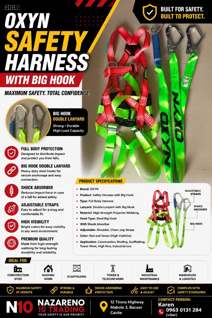 SAFETY HARNESS WITH SHOCK ABSORBER (Category: Looking For) located in Bacoor. Submitted by kajezame.2021 (Listing ID 1460777740, Image 1). Description: SAFETY HARNESS WITH SHOCK ABSORBER For More Details and Discount Contact Ms. Karen NAZARENO 10 TRADING 0963 0131 284 0933 6283 420 0956 7028 557 0933 8559 510 Landline: Look for Ms. Karen (046 ) 416 3920 Also available: • Traffic cone • Parking Block stopper • Hooded trash bin • Road Plastic Barri