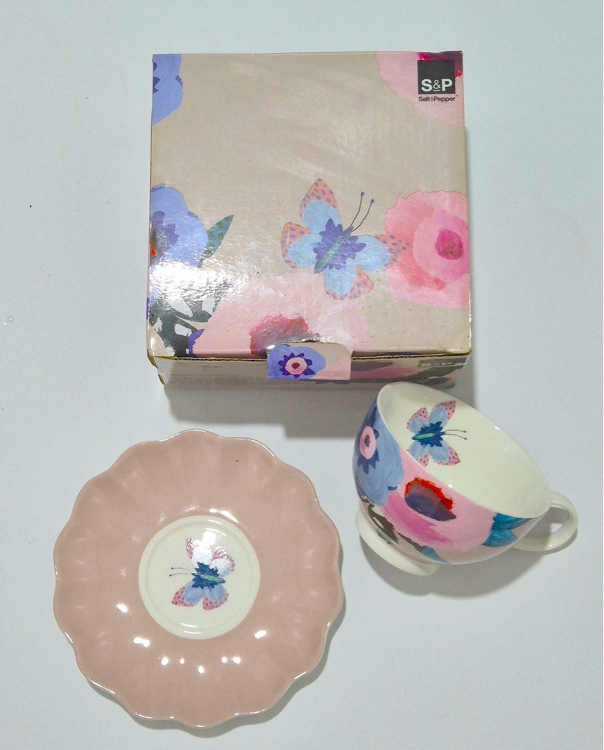 Salt & Pepper Willow Tea Cup and Saucer Set (Category: Coffee & Tea Tableware) located in Antipolo. Submitted by shopaho_nique (Listing ID 1460746237, Image 1). Description: - Beautiful Salt & Pepper Willow Collection tea cup and saucer set. - Features a lovely floral and butterfly design. - Cup capacity: 240ml. - Dishwasher and microwave safe for easy cleaning and reheating. - Comes in its original box, making it a perfect gift. - Ideal for enjo