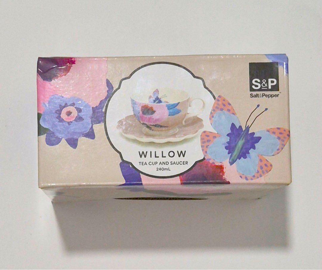 Salt & Pepper Willow Tea Cup and Saucer Set (Category: Coffee & Tea Tableware) located in Antipolo. Submitted by shopaho_nique (Listing ID 1460746237, Image 3). Description: - Beautiful Salt & Pepper Willow Collection tea cup and saucer set. - Features a lovely floral and butterfly design. - Cup capacity: 240ml. - Dishwasher and microwave safe for easy cleaning and reheating. - Comes in its original box, making it a perfect gift. - Ideal for enjo