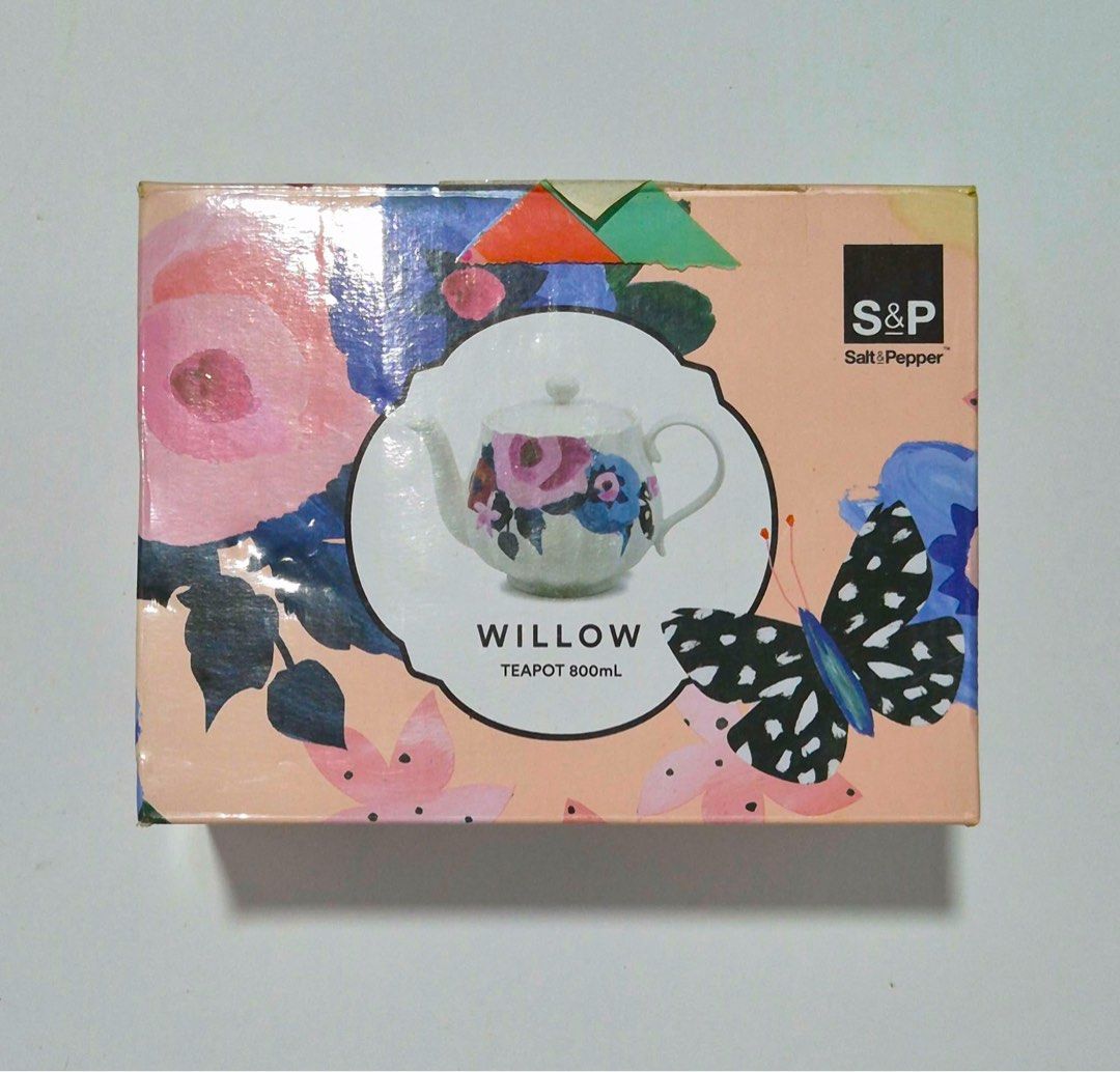 Salt & Pepper Willow Teapot 800ml Floral Butterfly Design (Category: Coffee & Tea Tableware) located in Antipolo. Submitted by shopaho_nique (Listing ID 1460745721, Image 1). Description: - Elegant Willow teapot with a charming floral and butterfly design. - Generous 800ml capacity, perfect for serving multiple cups. - Conveniently dishwasher and microwave safe for easy use and cleaning. - “Brand new, unused. Box has slight discoloration/yellowin