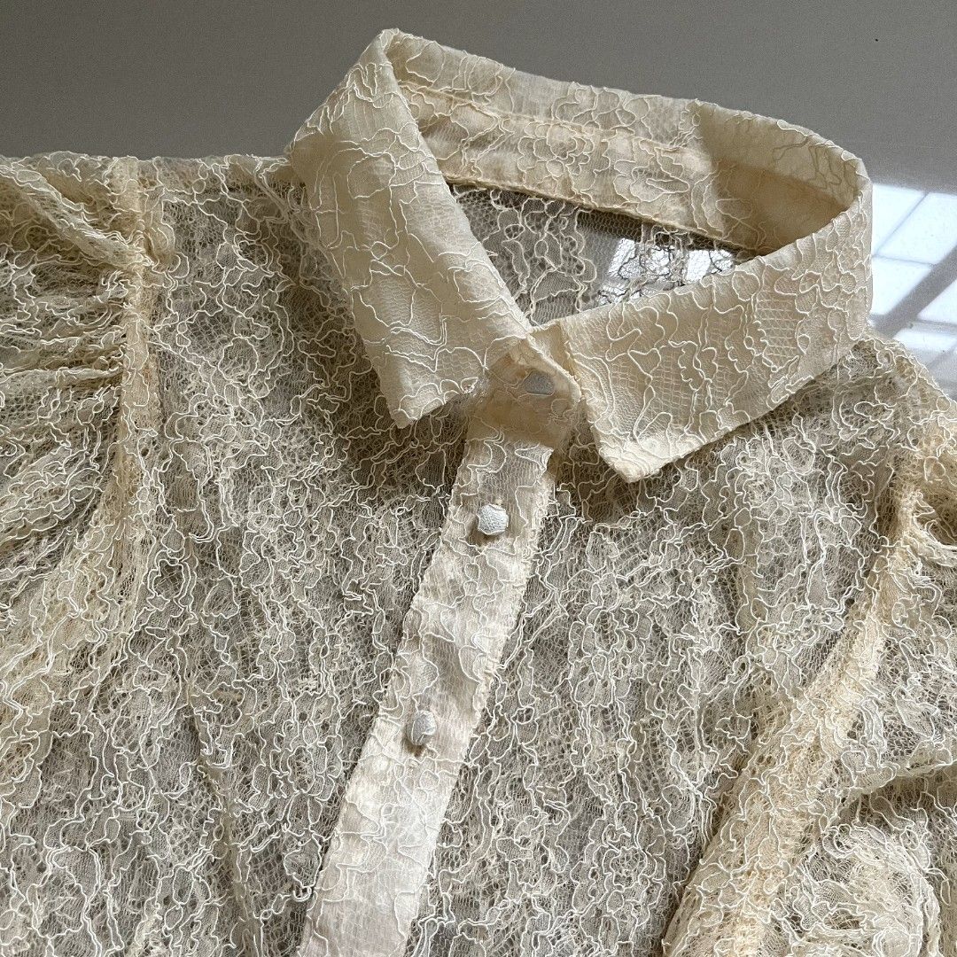 Sheer Lace Puff Sleeve Collared Blouse (Category: Blouses) located in Cavite. Submitted by redhotcheetos (Listing ID 1460726559, Image 2). Description: Condition: 10/10 - Cream sheer lace blouse - Collared neckline - Button-up front - Cute puff sleeves - Cropped length - Ideal for layering over cami or bralette - Perfect for nights out or special occasions Size: S-M Length: 14” MOP: GCASH, Bank Transfers MOD: J&T Brand: GRL (Japanese Brand) Prelo