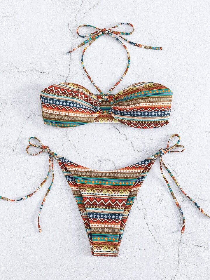 Shein Boho Ring Two Piece (Category: Bikinis & Swimsuits) located in Binan City. Submitted by myprelovedhaul (Listing ID 1460826292, Image 1). Description: This image shows a multicolor boho geometric print two-piece bikini set with an O-ring halter top and tie-side bottoms..