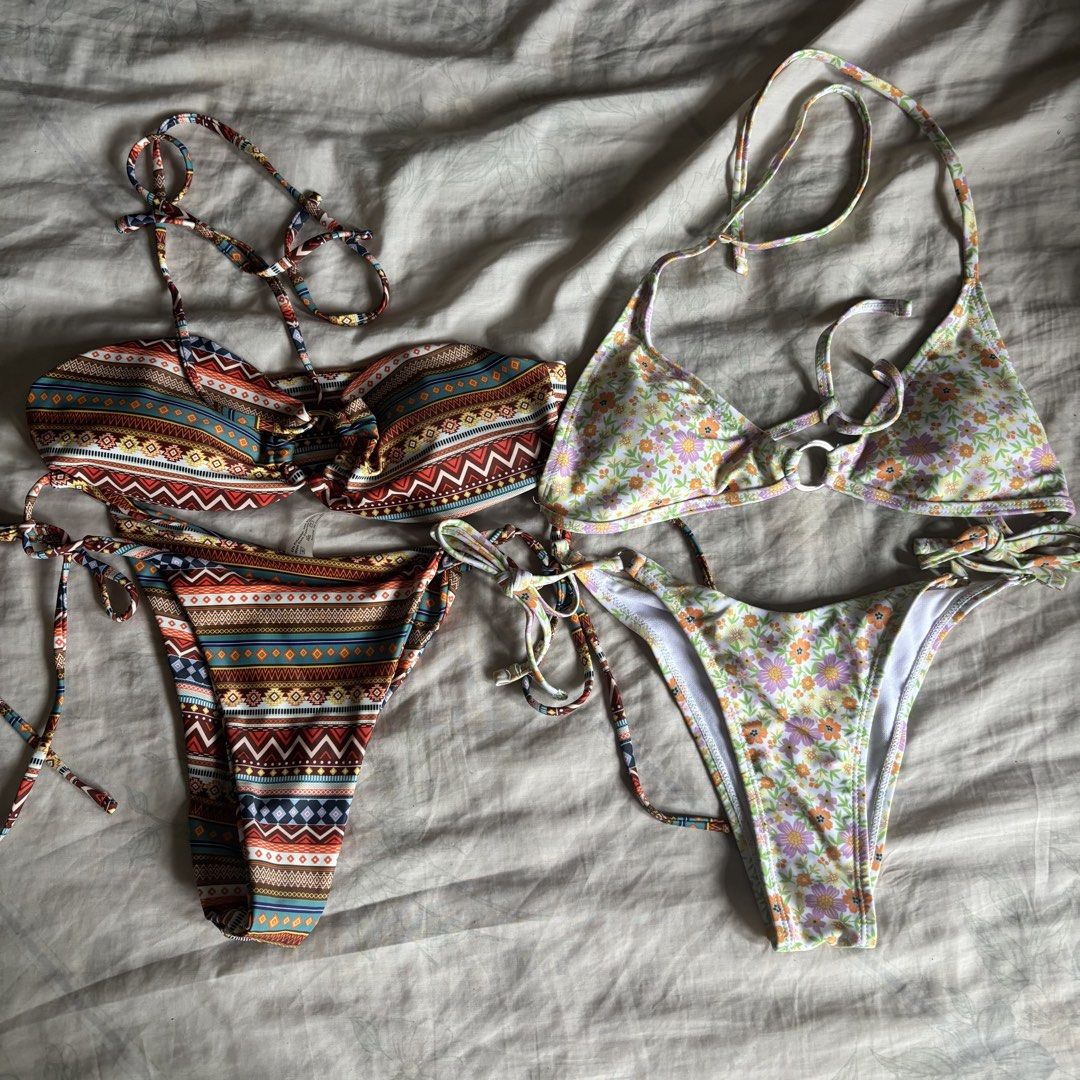Shein Ditsy Floral Two Piece Self Tie (Category: Bikinis & Swimsuits) located in Binan City. Submitted by myprelovedhaul (Listing ID 1460826632, Image 3). Description: This image shows a ditsy floral print halter-neck bikini set featuring side-tie bottoms with delicate ring accents..