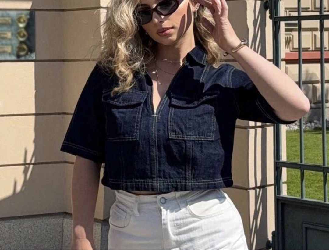 Shein Flap Pocket Denim Blouse (Category: Shirts) located in Marikina City. Submitted by livelovelana (Listing ID 1460732475, Image 2). Description: used twice v gud quality size: large (refer to the 3rd pic for ref) .