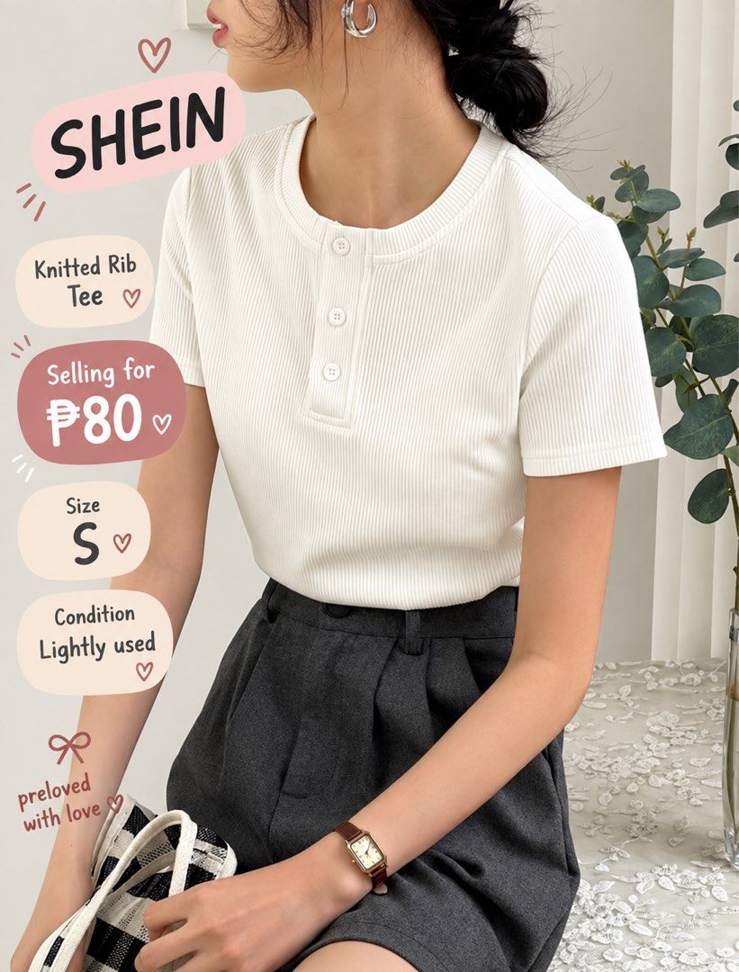 SHEIN Knitted Rib Tee - White, Size S (Category: Shirts) located in Valenzuela. Submitted by judyann29 (Listing ID 1460913421, Image 1). Description: ✨ WARDROBE RESET SALE ✨ Decluttering my closet and letting go of some preloved pieces 🫶🏻 Most are lightly used or used once! 📌 First Batch is up! Please see the photos for the size, condition, brand & price of each item. Actual photos of the items can also be sent upon request. 💌 Comment MINE or