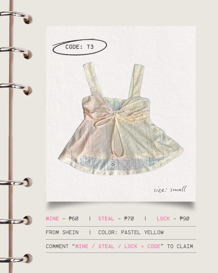 Shein Pastel Yellow Tie-Front Eyelet Top (Category: Blouses) located in Manila. Submitted by wtsjaemin (Listing ID 1460775451, Image 1). Description: - Cute pastel yellow top from Shein - Tie-front detail - Eyelet pattern all over - Soft pastel colors fading to blue at the bottom - Size: Small - Ideal for a casual, summery look.