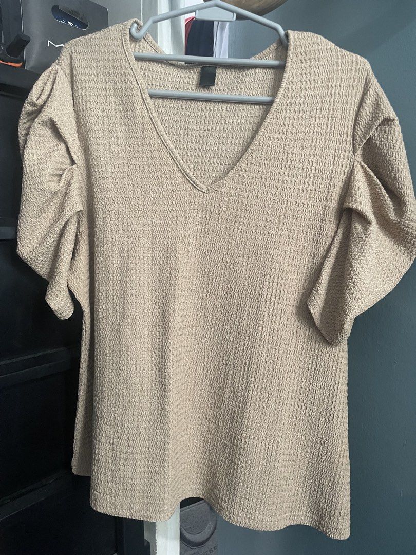 Shein Plus Size Textured Puff Sleeve V-Neck Top (Category: Blouses) located in Quezon City. Submitted by ladydianne8 (Listing ID 1460848577, Image 3). Description: - Beige knitted textured top - V-neck style - Cute puff sleeves - Versatile for dressing up or down - Fits upto 4XL (refer to size chart for exact measurements) - stretchy fabric.