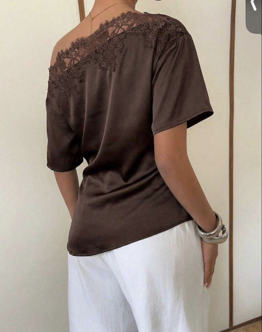 Shein Satin Lace Dark Brown Blouse (Category: Blouses) located in Marikina City. Submitted by livelovelana (Listing ID 1460731902, Image 2). Description: used oncee size: Large kindly refer to the 3rd pic for ref .