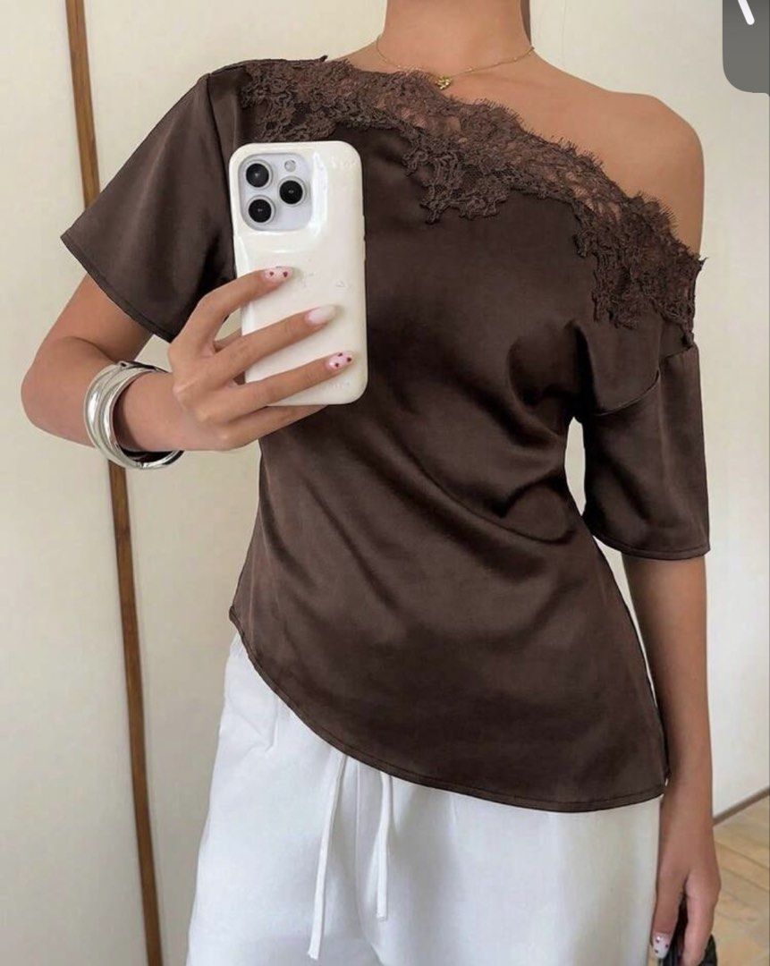 Shein Satin Lace Dark Brown Blouse (Category: Blouses) located in Marikina City. Submitted by livelovelana (Listing ID 1460731902, Image 1). Description: used oncee size: Large kindly refer to the 3rd pic for ref .