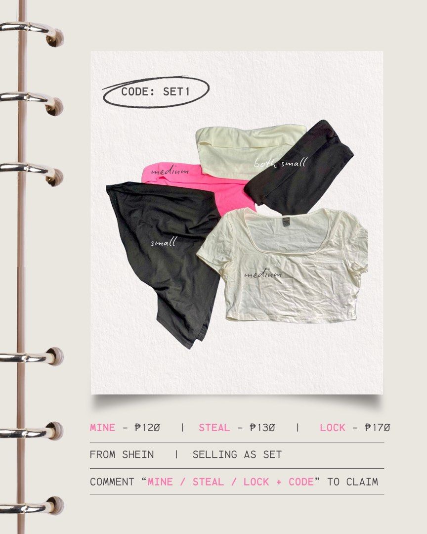 SHEIN Tops Set - White, Black, Pink, Cream (Category: Others Tops) located in Manila. Submitted by wtsjaemin (Listing ID 1460774706, Image 1). Description: - Set of 4 SHEIN tops - Sizes: Small & Medium - Colors: White, Black, Pink, Cream - Great basic pieces for your wardrobe - Selling as a bundle - To claim, comment 'MINE / STEAL / LOCK + SET1' - DM for actual photos if needed - Please note: Colors may appear slightly different due to lighting..