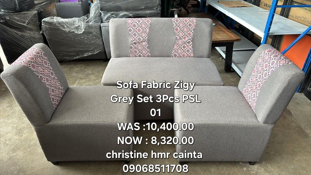 Sofa Fabric Jamonte Grey Set 3pcs PSL 05 (Category: Sofas) located in Cainta. Submitted by christine07. (Listing ID 1460852820, Image 3). Description: - Brand New 3-Piece Sofa Set (PSL 05) - Upholstered in stylish Jamonte Grey fabric - Original Price: PHP 10,600.00 - Selling Price: PHP 8,480.00 (Great Deal!) - Location: Cainta - For inquiries, contact Christine HMR Cainta at 09068511708.