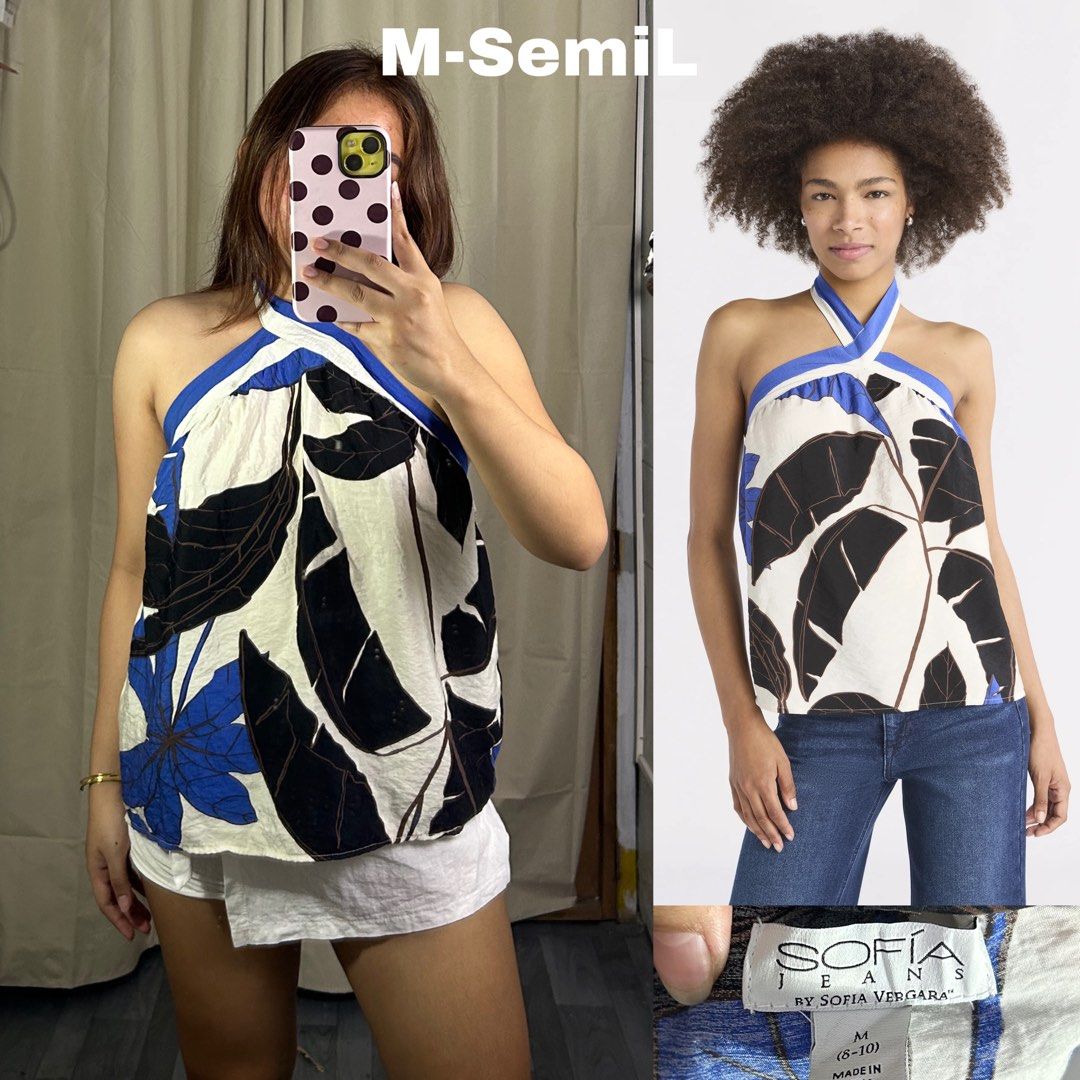 Sofia Jeans by Sofia Vergara Leaf Print Halter Top M (Category: Sleeveless) located in Cavite. Submitted by handpickedbyisha (Listing ID 1460904399, Image 1). Description: - Cute halter top with a bold leaf print - Blue and white color scheme with black accents - Ties at the neck for an adjustable fit - Ideal for casual outings or a vacation look - Easily pairs with jeans or shorts.