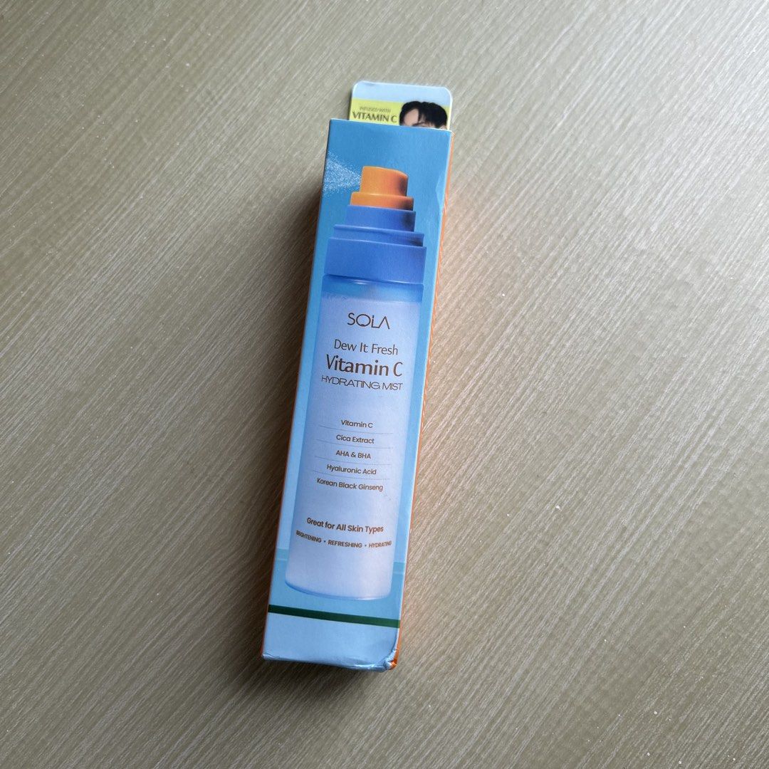 SOLA DEW IT FRESH VIT C MIST (Category: Face Care) located in Manila. Submitted by thechicacueva (Listing ID 1460762600, Image 1). Description: SOLA Dew It Fresh Vitamin C Hydrating Mist (brand new, unopened) brightens and refreshes your skin perfect for skin prep, midday glow booster, and on top of makeup suitable for all skin types rfs: accidentally bought 4 📍taft, manila city 💸 gcash / maribank 📦 lbc / j&t / lalamove (SDD).