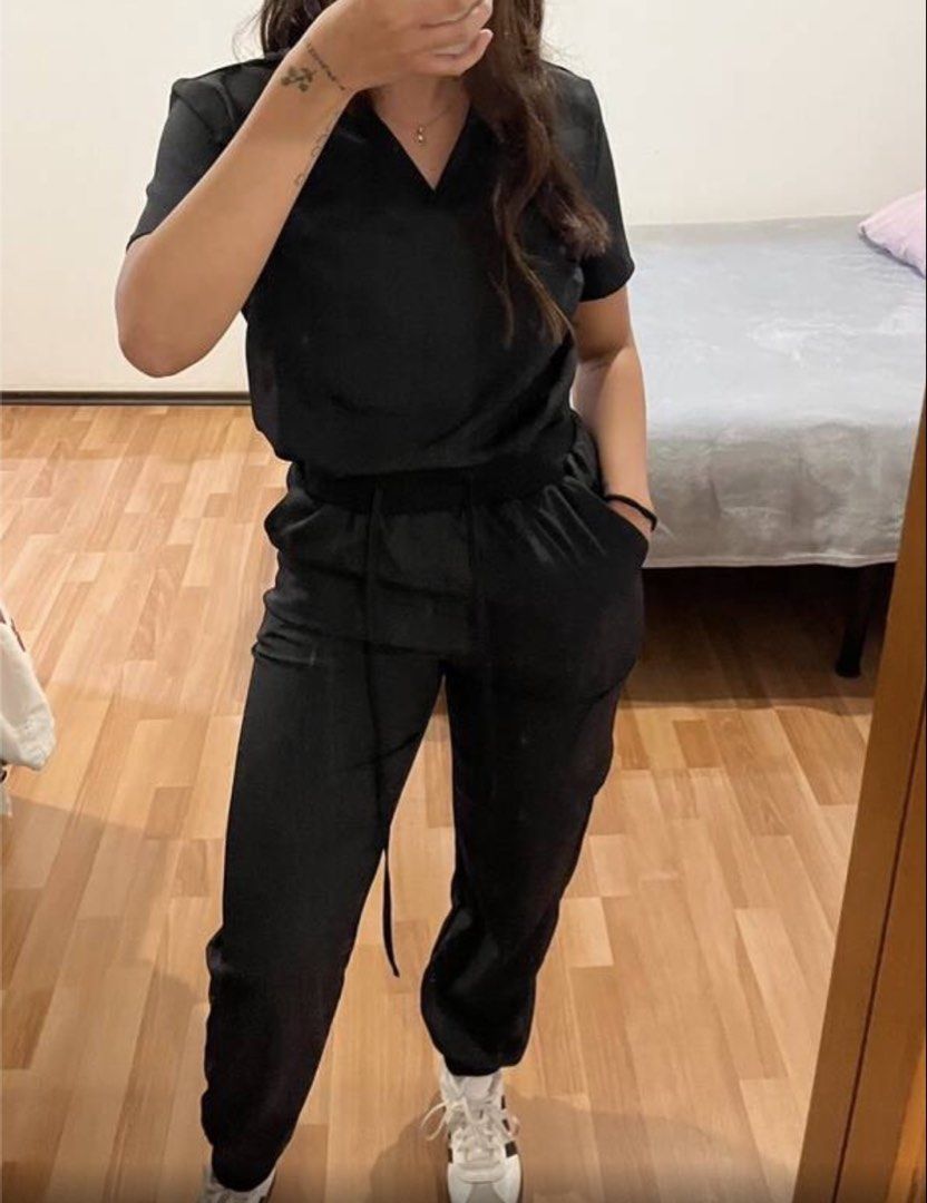 Solid V-Neck Scrub Set Black - SHEIN (Category: Sets or Coordinates) located in Las Pinas. Submitted by kjxx00 (Listing ID 1460807274, Image 1). Description: - Black TaskEZ scrub set - V-neck top with short sleeves - Comfortable drawstring pants - Lightweight and stylish fabric - Ideal for healthcare professionals brand new just fitted. rfs : will buy another size.