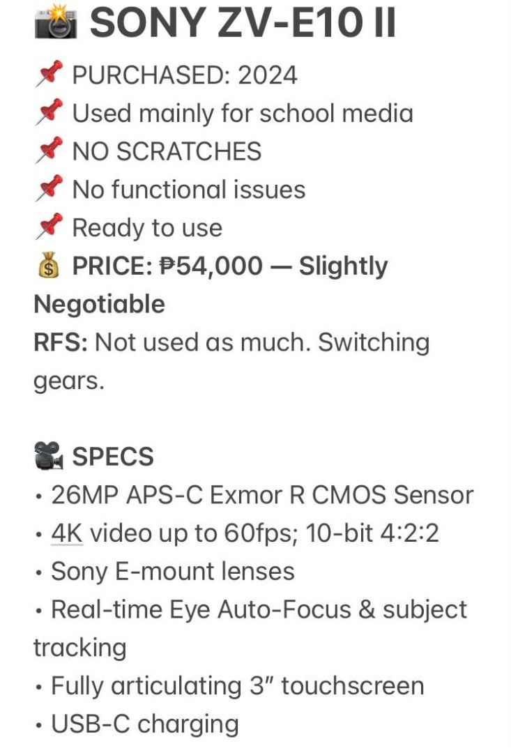 SONY ZV-E10 II |Slightly Negotiable (Category: Camera Bags & Carriers) located in Pasay City. Submitted by dclutter.co (Listing ID 1460867315, Image 2). Description: ▪︎Swipe for more details >> ▪︎Bank Transfer/Cash ▪︎Meet Up only (around Manila/BGC) ▪︎Message me for inquiries 💌.