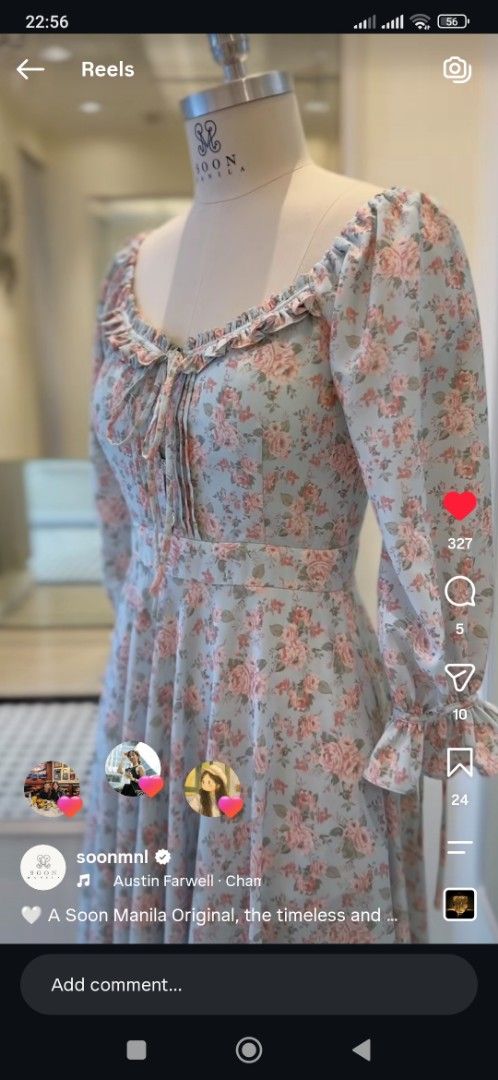 Soon Manila Adrianna (Category: Dresses) located in Bacolod City. Submitted by leighleigh17 (Listing ID 1460884902, Image 2). Description: - Light blue maxi dress with pink floral print - Square neckline with ruffles and tie-up detail - Long puff sleeves with ruffled cuffs - Fitted bodice and flowy A-line skirt - Perfect for a romantic, vintage-inspired look - Measurements: Bust 35-37 inches, Waist 30 inches, Length 50 inches.