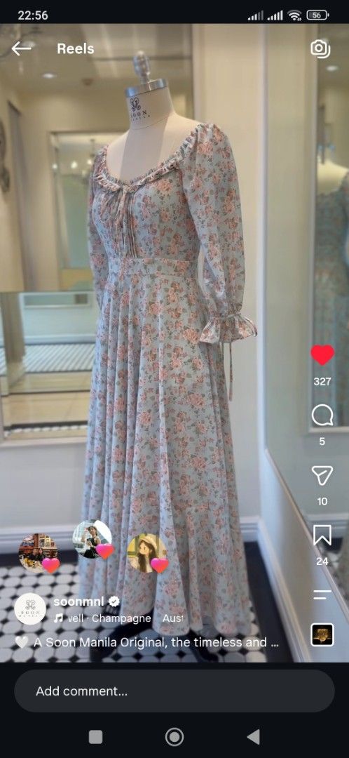 Soon Manila Adrianna (Category: Dresses) located in Bacolod City. Submitted by leighleigh17 (Listing ID 1460884902, Image 1). Description: - Light blue maxi dress with pink floral print - Square neckline with ruffles and tie-up detail - Long puff sleeves with ruffled cuffs - Fitted bodice and flowy A-line skirt - Perfect for a romantic, vintage-inspired look - Measurements: Bust 35-37 inches, Waist 30 inches, Length 50 inches.