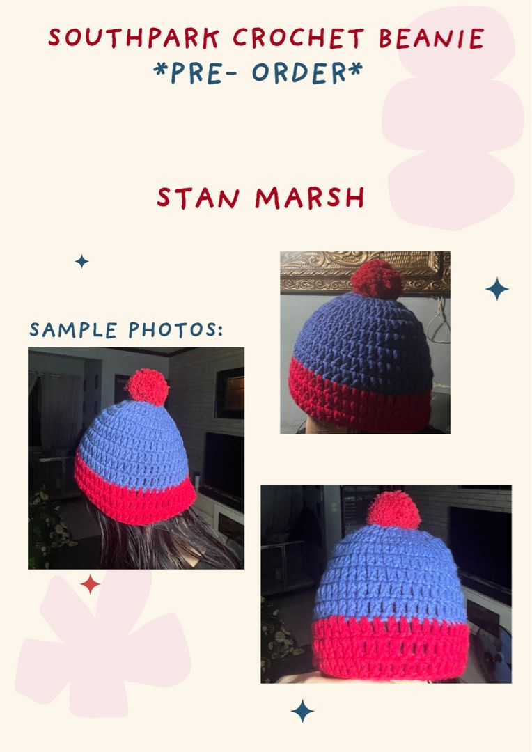 Southpark Stan Marsh Crochet Beanie (Category: Handmade Craft) located in Cavite. Submitted by heyitsmork (Listing ID 1460841200, Image 2). Description: hello, i am opening a PRE-ORDER for my handmade South Park beanies! 🧶💚💙 available characters: - Stan Marsh - Cartman - Wendy Testaburger - Craig Tucker - Brimmy - Kyle Broflovski — SOON! each beanie is handmade with lots of love (and probably a little suffering 😭) so pls be patient with me! �
