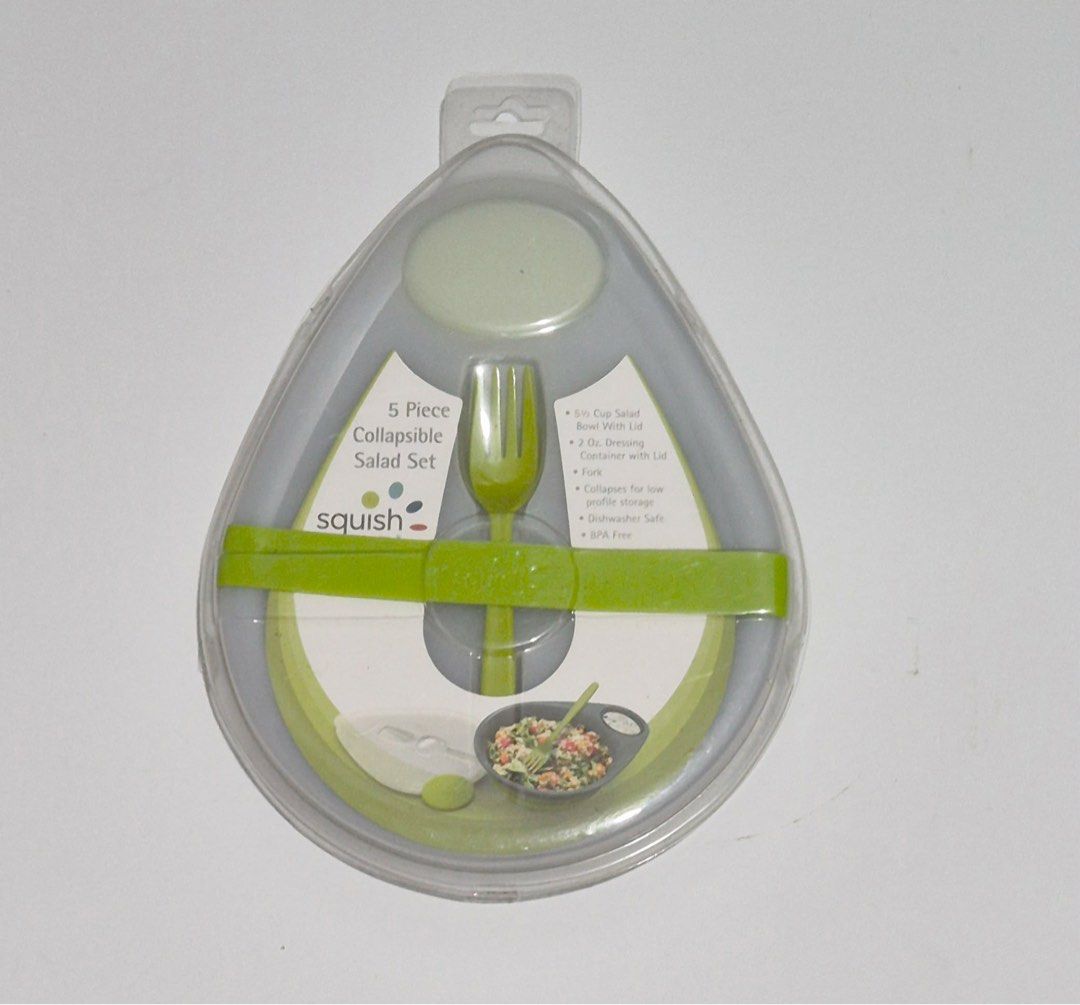 Squish 5 Piece Collapsible Salad Set (Category: Other Kitchenware & Tableware) located in Antipolo. Submitted by mutyafinds (Listing ID 1460738444, Image 1). Description: - Squish 5-piece collapsible salad set - Includes 5-cup bowl with lid - Includes 2 oz dressing container with lid - Includes fork - Collapses for low-profile storage - Dishwasher safe - BPA Free - Ideal for lunches on the go or picnics - Available 2sets.