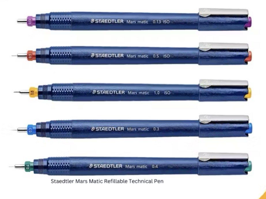 Staedtler Mars Matic Refillable Technical Pens Set (Category: Stationery & School Supplies) located in Santa Rosa. Submitted by stephensk (Listing ID 1460749111, Image 1). Description: available in: 0.3, 0.5, 0.8 rfs not used anymore originally each bought for 800-1000 selling for 500 each.