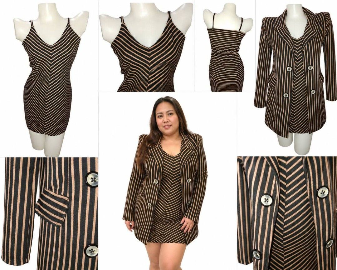 Striped Mini Dress with Matching Blazer Set (Category: Dresses) located in Marilao. Submitted by grace-frugalfoodieph (Listing ID 1460745438, Image 1). Description: - Two-piece set: V-neck mini dress and double-breasted blazer - Classic black and tan diagonal stripe pattern - Dress features thin spaghetti straps and a cinched waist - Blazer has button closures and pocket details - Versatile for night outs or stylish daytime looks.