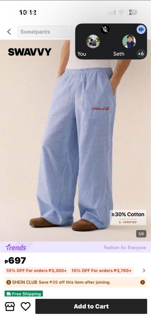 SWAVVY Striped Cotton Sweatpants (Category: Other Bottoms) located in Manila. Submitted by yurisgn (Listing ID 1460888396, Image 1). Description: - Brand: SWAVVY - Color: Light blue and white stripes - Material: Cotton blend (at least 30% cotton) - Fit: Wide leg, very comfortable - Features: Small embroidered detail on the side - Perfect for: Lounging or casual wear - Shipping: FREE SHIPPING included.