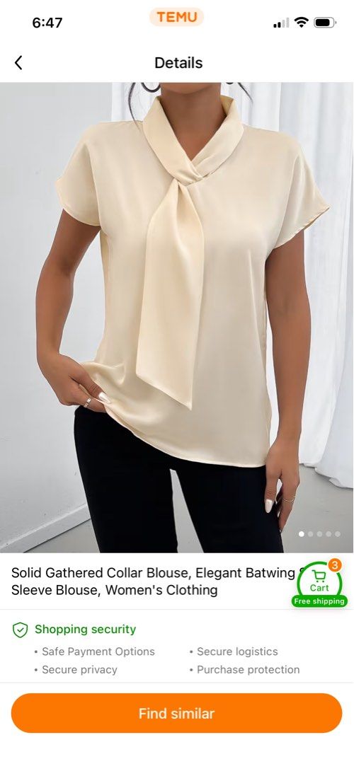 Temu Tie Collar Batwing Sleeve Blouse (Category: Blouses) located in Quezon City. Submitted by ladydianne8 (Listing ID 1460826897, Image 1). Description: - Cream - Collar with tie detail - Batwing sleeves - Label Size XL (Asian 3XL) pls refer to the size chart from the photos - 100% Polyester - Perfect for dressing up or down.