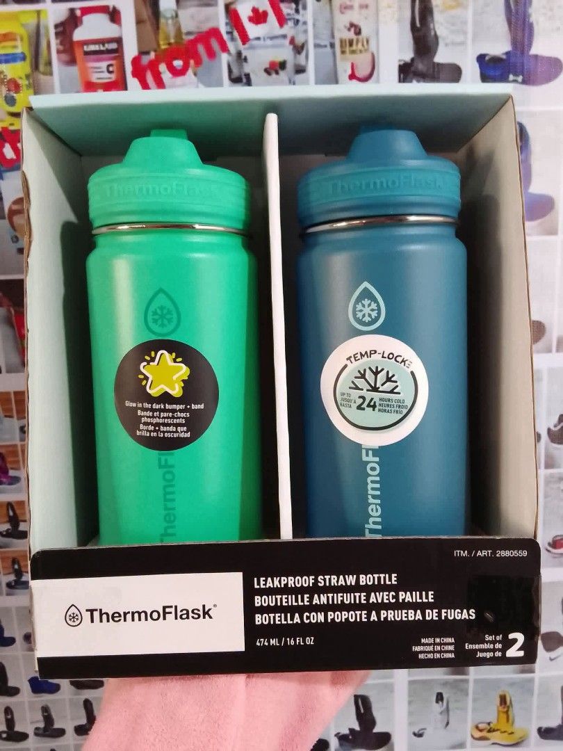 THERMOFLASK TUMBLER SET (Category: Water Bottles & Tumblers) located in Baguio. Submitted by ellromavariety (Listing ID 1460903628, Image 3). Description: Thermoflask Water Bottle 2 bottles× 474mL/set ✓ Leakproof straw bottle ✓ Glow in the dark bumper + band ✓ Cupholder friendly ✓ Easy carry loop handle ✓ Double wall vacuum insulated ✓ Protective silicone bumper Authentic product 💯 Impprted from Canada 🇨🇦.