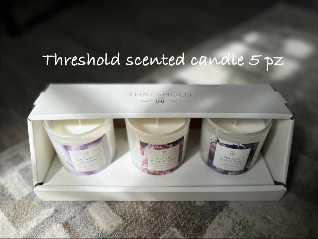 Threshold Scented Candle Set - 3 Scents (Category: Home Fragrance) located in Valenzuela. Submitted by marinnette84771 (Listing ID 1460725005, Image 1). Description: - Set of 3 Threshold scented candles - Scents included: Soft Cashmere & Lavender, Peony & Cherry Blossom, Charcoal & Black Teak - Creates a cozy and relaxing atmosphere - Ideal for gifting or personal enjoyment Direct from US 🇺🇸.