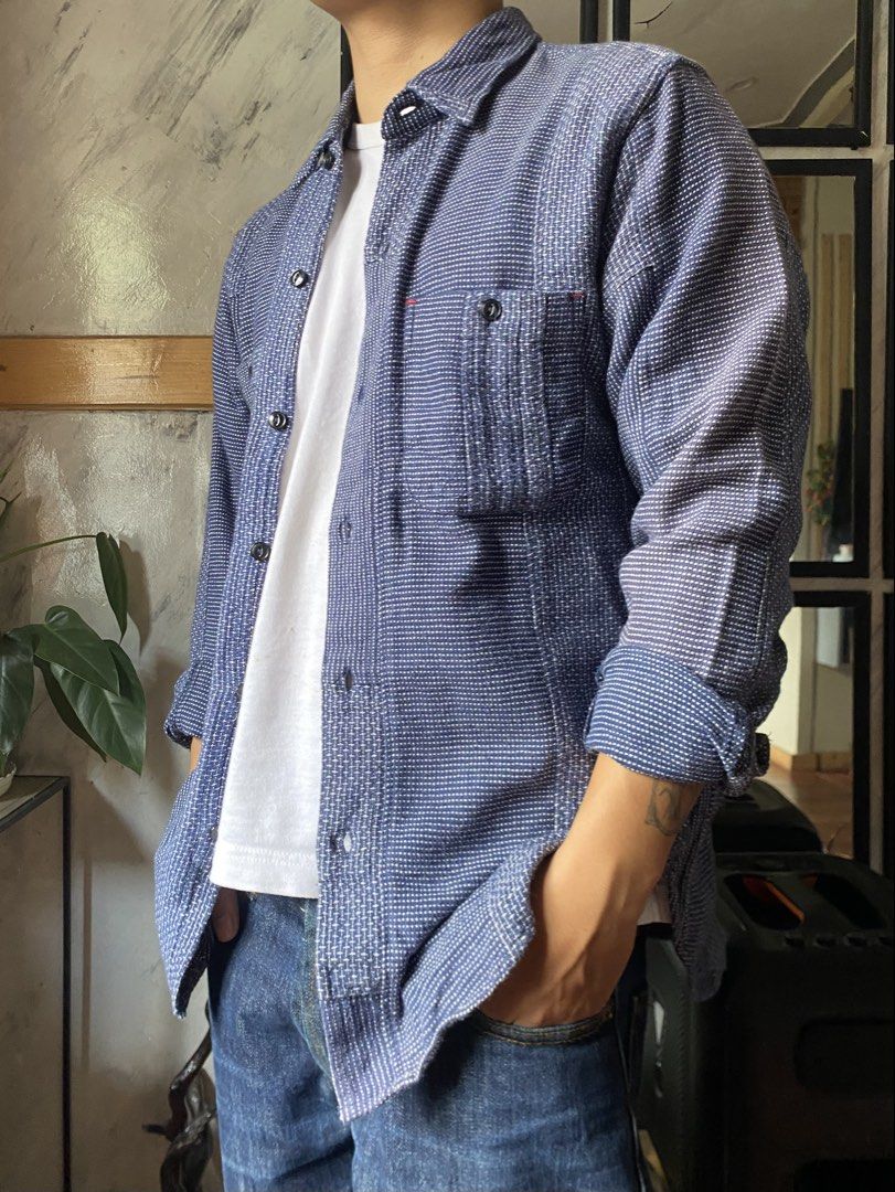 Tiger Brocante Sashiko Indigo Button Down Shirt (Category: Coats, Jackets and Outerwear) located in Baguio. Submitted by archival.store (Listing ID 1460896830, Image 3). Description: *sold on grailed for $300 similar to visvim,kapital or 45rpm Size tagged:L Issue:none Width:20 Length:28 Shoulder:17.5 Sleeve:24.5.