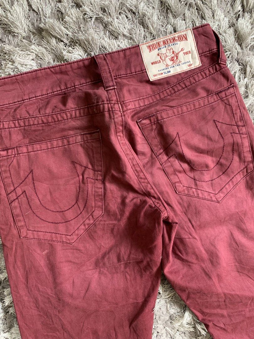 True Religion Slim Pats Maroon (Category: Jeans) located in Cagayan de Oro. Submitted by densho69 (Listing ID 1460730466, Image 3). Description: Waist: 29-31 Length: 43 Thigh: 11 Leg open: 7 Color&Condi: 8.5/10 Issue: need wash, minimal sign of usage.