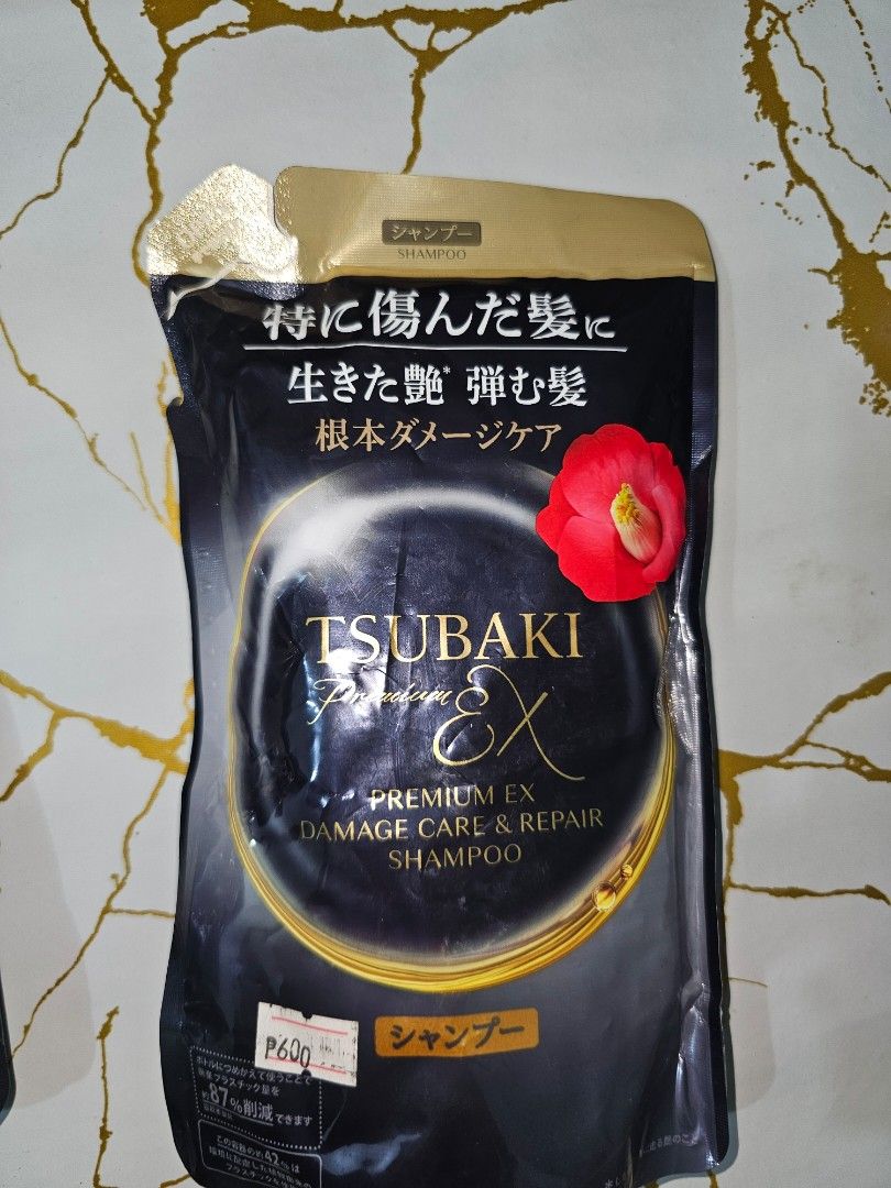 TSUBAKI Premium EX Damage Care Shampoo & Conditioner Set (Category: Hair) located in Manila. Submitted by tokyo_thv (Listing ID 1460893518, Image 1). Description: - Tsubaki Premium Ex Damage Care Shampoo & Conditioner Set - Ideal for repairing damaged hair - Convenient pouch sizes, perfect for travel or trial - Selling as a set - Original price tag shows P600.