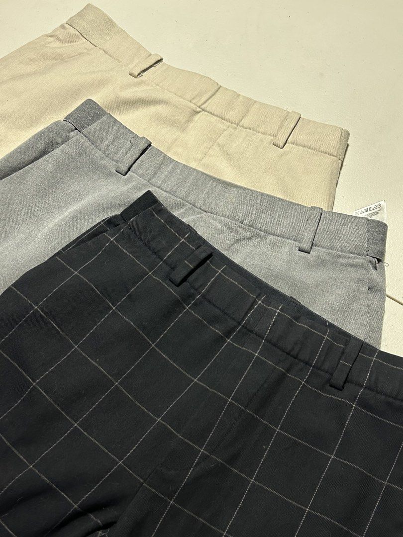 Uniqlo Pants - Beige, Grey, and Checked (Category: Other Bottoms) located in Manila. Submitted by hyperstrike.mnl (Listing ID 1460736998, Image 1). Description: - Three pairs of Uniqlo pants: Beige, Grey, and Black (subtle check pattern). - Size: Small (S) for all pairs. - Features: Elasticated waistband for ultimate comfort. - EXCELLENT CONDI BEIGE, BLACK AND GRAY USED.