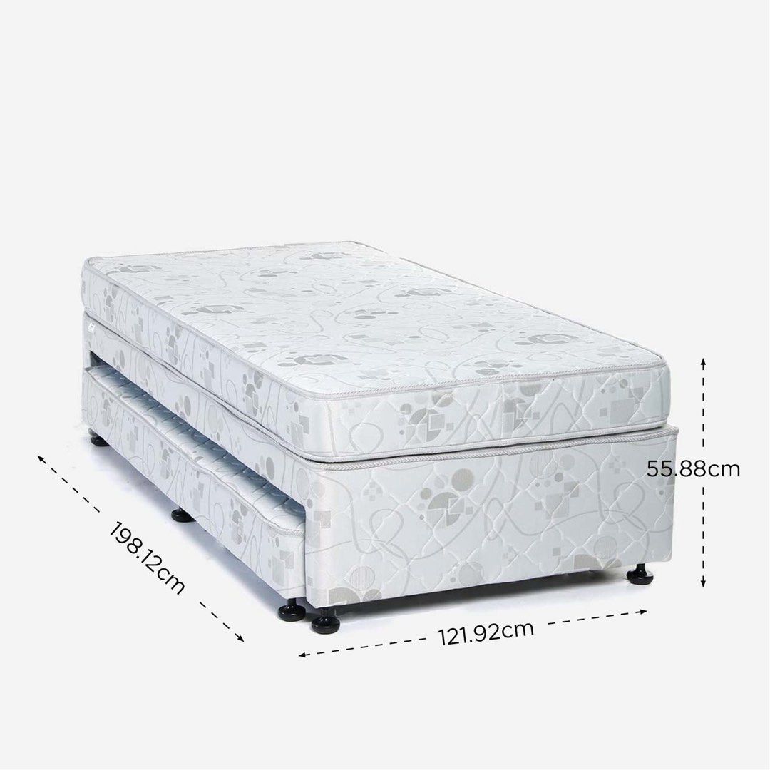 Uratex Elan Single Bed with Pull-out Trundle Bed (Category: Bed Frames & Mattresses) located in Trece Martires City. Submitted by jus.legaspi4221 (Listing ID 1460766101, Image 2). Description: Optimize your home’s space with the Uratex Elan Trundle Bed. Its dual sleeping layers roll out smoothly for extra comfort and neatly store away when not in use. - Jaquard Fabric Cover - High Quality Foam - Wooded frame - Dimensions: 198.12cm (L) x 121.92cm 