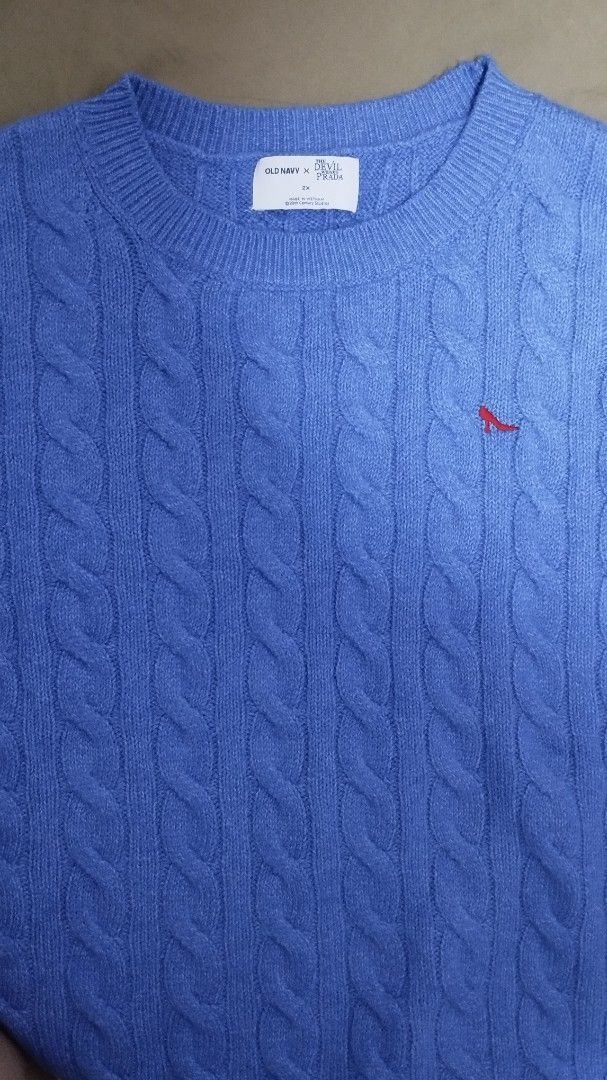 Old Navy x The Devil Wears Prada Cerulean Cable-Knit Sweater (US Plus Size) (Category: Coats, Jackets and Outerwear) located in Quezon City. Submitted by karina_pb (Listing ID 1460918277, Image 3). Description: - Brand: Old Navy - Style: Cerulean Blue Cable-Knit Sweater (not lapis, not turquoise) - Collaboration: The Devil Wears Prada - Features: Small, embroidered red Prada Heel logo on chest - Size: 2X (not to be confused with XXL, please resea