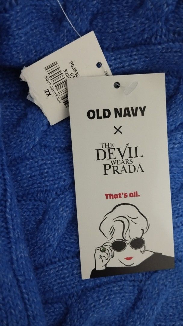 Old Navy x The Devil Wears Prada Cerulean Cable-Knit Sweater (US Plus Size) (Category: Coats, Jackets and Outerwear) located in Quezon City. Submitted by karina_pb (Listing ID 1460918277, Image 2). Description: - Brand: Old Navy - Style: Cerulean Blue Cable-Knit Sweater (not lapis, not turquoise) - Collaboration: The Devil Wears Prada - Features: Small, embroidered red Prada Heel logo on chest - Size: 2X (not to be confused with XXL, please resea