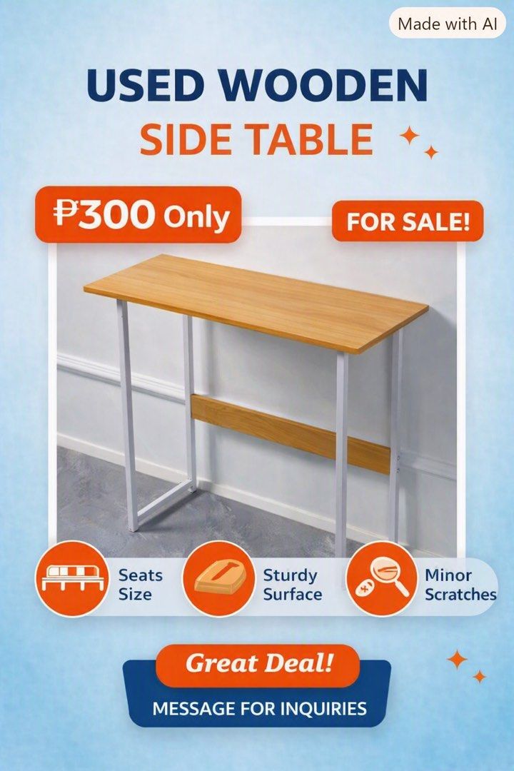 Used Wooden Side Table - P300 Only (Category: Tables & Sets) located in Manila. Submitted by silverpenguin_60ee93 (Listing ID 1460720712, Image 1). Description: Used Wooden Side Table — ₱300 Only! Compact and stylish, perfect for small spaces or minimalist setups. ✅ Durable wood top with white metal frame ✅ Ideal for home, office, or café corners ✅ Minor scratches, still sturdy and functional 💸 Grab this affordable deal today! 📍 Pasig City pick
