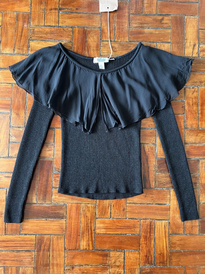 Valentino sailor collar top (Category: Luxury Apparel) located in Quezon City. Submitted by raccoonfur (Listing ID 1460755662, Image 1). Description: Vintage Valentino Garavani chiffon and knitwear top. 90’s romantic minimalism. Legendary Miss Deana production. Beautiful condition despite its age. No snags or rips. Has subtle sparkle to the knit. Flat measurements(unstretched): Armpit to armpit 30.5cm/12in Length 53cm/21in Sleeve length 62.5cm/24