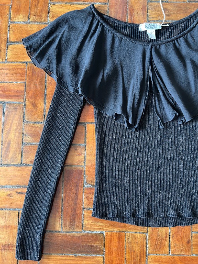 Valentino sailor collar top (Category: Luxury Apparel) located in Quezon City. Submitted by raccoonfur (Listing ID 1460755662, Image 2). Description: Vintage Valentino Garavani chiffon and knitwear top. 90’s romantic minimalism. Legendary Miss Deana production. Beautiful condition despite its age. No snags or rips. Has subtle sparkle to the knit. Flat measurements(unstretched): Armpit to armpit 30.5cm/12in Length 53cm/21in Sleeve length 62.5cm/24
