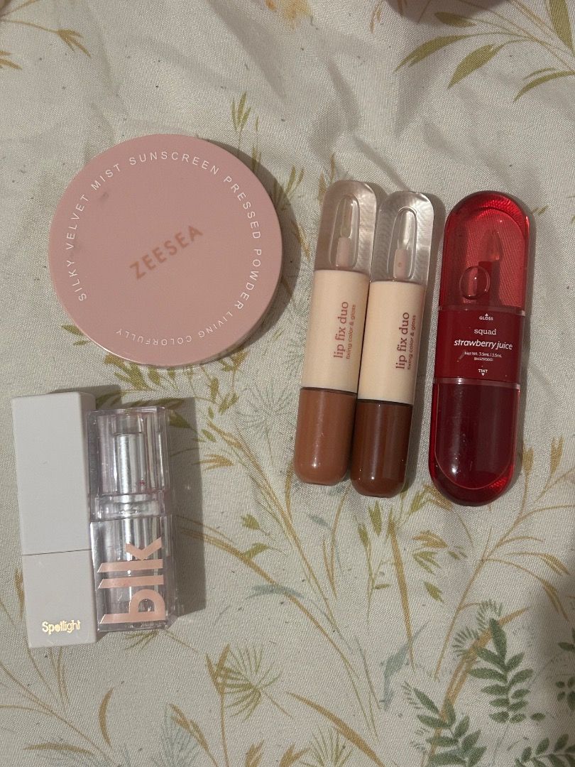 Various Lipsticks, Lip Tints, and Powder (Category: Makeup) located in Santa Rita. Submitted by chloeclosette (Listing ID 1458970954, Image 1). Description: Preloved Makeup bundle for sale Spotlight matte lipstick, shade plum juice Squad lip fix duo, shade muffin and tiramisu Squad glossy tint duo, shade strawberry juice Blk matte lipstick, shade flirt Zeesea spf powder Buyer shoulders sf Loc: pampanga.