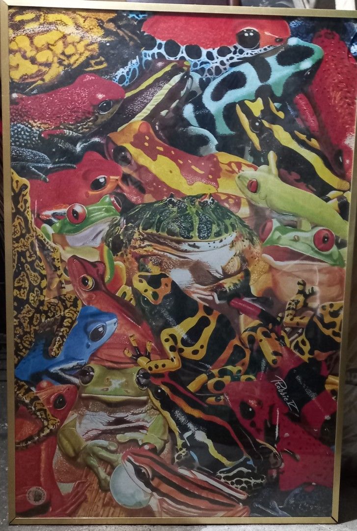 Vibrant Frog Collage Framed Art Print. (Category: Frames & Pictures) located in Las Pinas. Submitted by mickey4224 (Listing ID 1460758831, Image 3). Description: - Vibrant framed art print featuring a colorful collage of diverse frog species. - Elegant gold-toned frame. - Ideal gift for animal enthusiasts and art collectors. - Comes ready to hang. - Damaged on one side of the corner see last picture,36 inches height 25 inches lenght..