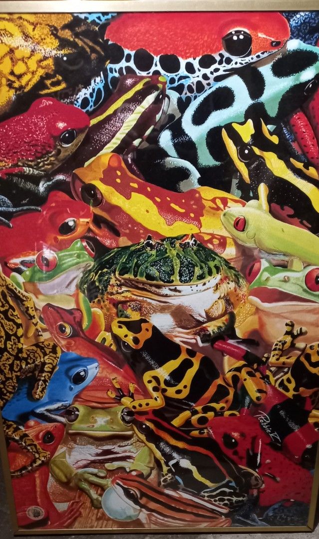 Vibrant Frog Collage Framed Art Print. (Category: Frames & Pictures) located in Las Pinas. Submitted by mickey4224 (Listing ID 1460758831, Image 2). Description: - Vibrant framed art print featuring a colorful collage of diverse frog species. - Elegant gold-toned frame. - Ideal gift for animal enthusiasts and art collectors. - Comes ready to hang. - Damaged on one side of the corner see last picture,36 inches height 25 inches lenght..