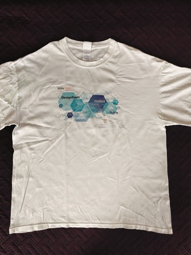 Vintage Adobe Studio DesignTeam T-Shirt (Category: Tshirts & Polo Shirts ) located in Quezon City. Submitted by oistr (Listing ID 1460771638, Image 2). Description: - White Gildan Heavy Cotton T-shirt - Features Adobe Studio DesignTeam graphic - Text: 'explore', 'learn', 'resources' - Ideal for designers and Adobe users - Material: 100% Cotton - 23 width x 28 length (XL) - Yellow stains in the front(washable).