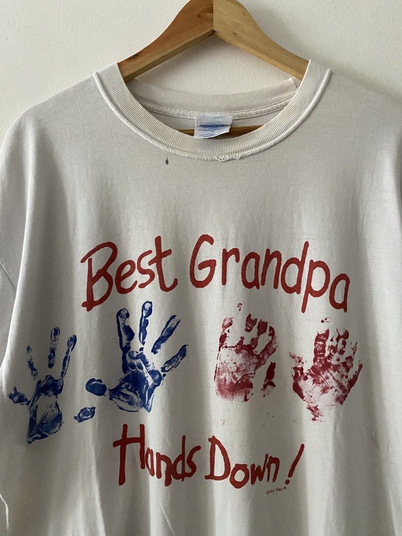 Vintage "Best Grandpa Hands Down!" Statement Tee (Category: Tshirts & Polo Shirts ) located in Quezon City. Submitted by rlphvncntbs (Listing ID 1460753297, Image 2). Description: Vintage "Best Grandpa Hands Down!" Statement Tee Size: XL (Cropped) Measurements: 24" x 26.5" Raw Hem Still in Good Condition M&O Knits Tag ₱500 + SF (Negotiable).