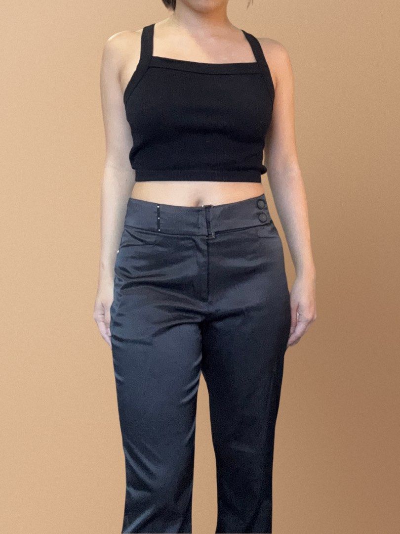 Vintage CELINE Pants and H&M Top Set (Category: Sets or Coordinates) located in Quezon City. Submitted by kkfee_ (Listing ID 1460792345, Image 3). Description: - Vintage CELINE pinstripe pants 100% cotton - Super good quality - H&M black ribbed crop top - Pants size: S / EU 36 / UK 8 / US 4 - Top size: S - Pants color: Dark gray - Pants style: High-waist with button details - Material: Pants appear to be a smooth, possibly synthetic blend; Top is