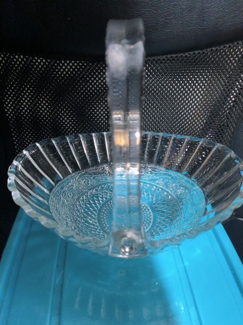Vintage Clear Glass Fruit Basket with Handle (Category: Vases & Decorative Bowls) located in Manila. Submitted by leivon (Listing ID 1460842996, Image 1). Description: - Clear glass basket with a convenient handle. - Features a beautiful fluted rim. - Intricate embossed patterns adorn the base and sides. - Ideal for serving fruits or as a stylish decorative accent. - Approximate dimensions: X inches long, Y inches wide, and Z inches tall (includi