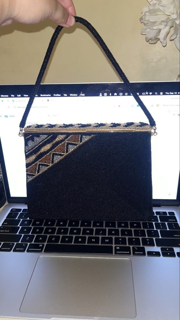 Vintage fully beaded small ibiza bag (Category: Purses & Pouches) located in Tanauan. Submitted by londonscuratedcloset (Listing ID 1460792438, Image 2). Description: - Vintage fully beaded small bag - Ibiza style - Intricate beadwork with geometric and floral patterns - Colors: Black, gold, silver - Small size, perfect for essentials - Ships via Lalamove/J&T.