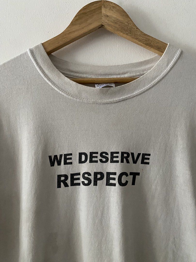 Vintage Y2K "We Deserve Respect" Statement Tee (Category: Tshirts & Polo Shirts ) located in Quezon City. Submitted by rlphvncntbs (Listing ID 1460752924, Image 2). Description: Vintage Y2K "We Deserve Respect" Statement Tee Size: Fits Large (Cropped) Measurements: 22" x 27" Raw Hem Trash Condition Gildan Ultra Cotton Tag ₱500 + SF (Negotiable).
