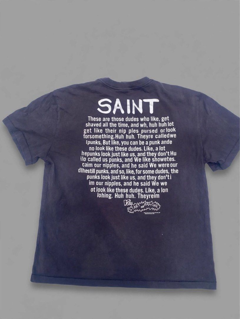 Vntg SAINT (START THE RAPTURE) (Category: Tshirts & Polo Shirts ) located in Manila. Submitted by luxefinds3.0 (Listing ID 1460738420, Image 2). Description: Vntg Saint T-shirt💎 Color: Washed Black Condition: Good vintage condition - natural fade, paint splatters as design, pinhole shown in detail shot adds character Stitch: Single stitch all over (sleeves & bottom) Dimes:24x28 Issue: Small pinhole as pictured Made in japan 🇯🇵 Perfect for arch